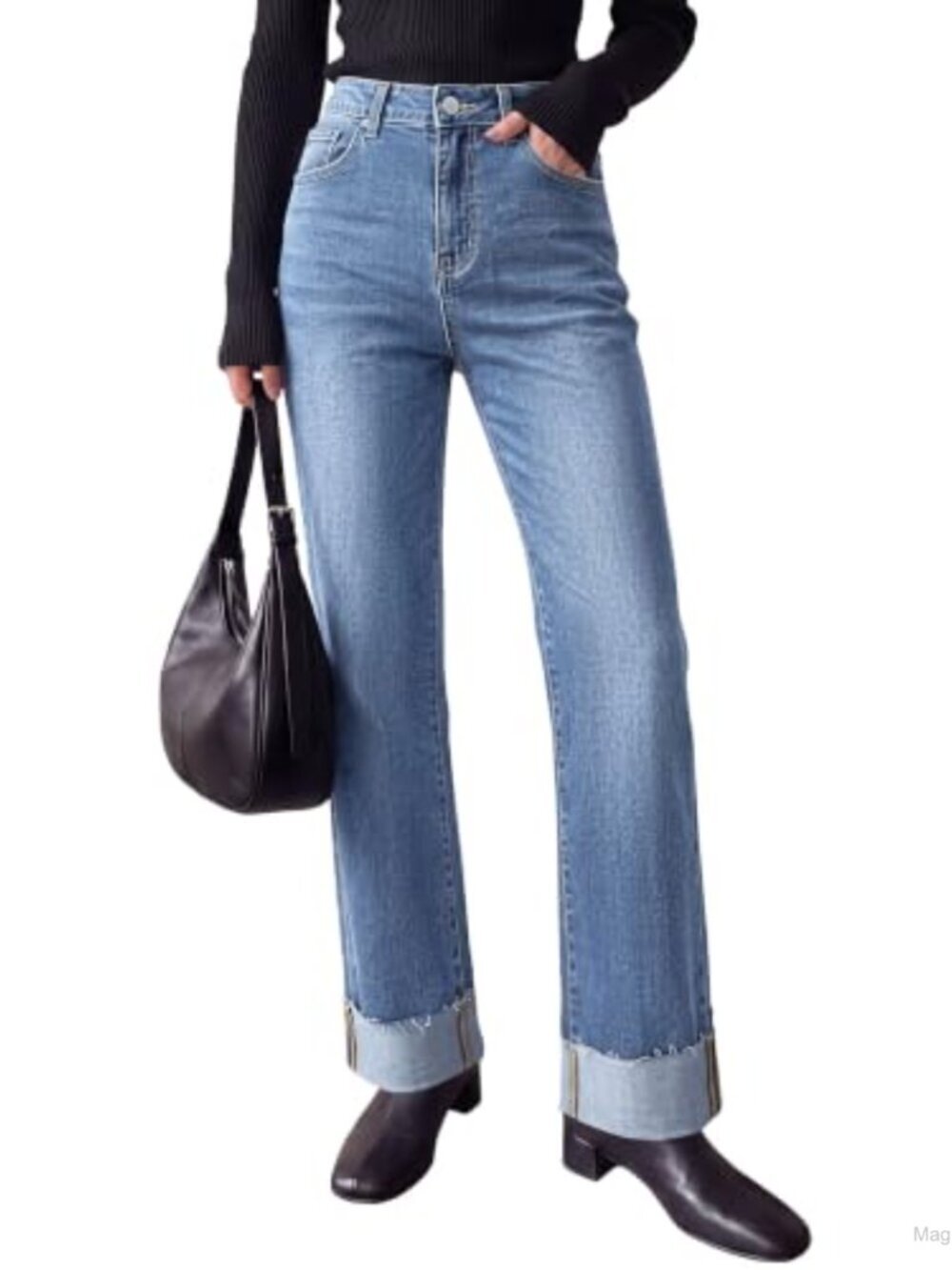 Wide Leg Baggy Denim Jeans High Rise Stretchy Cuffed Raw Hem Y2K Pants